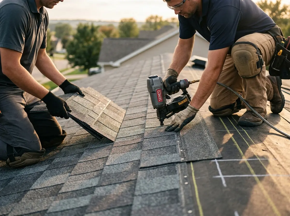 Professional roofer working on a residential roof in Butler